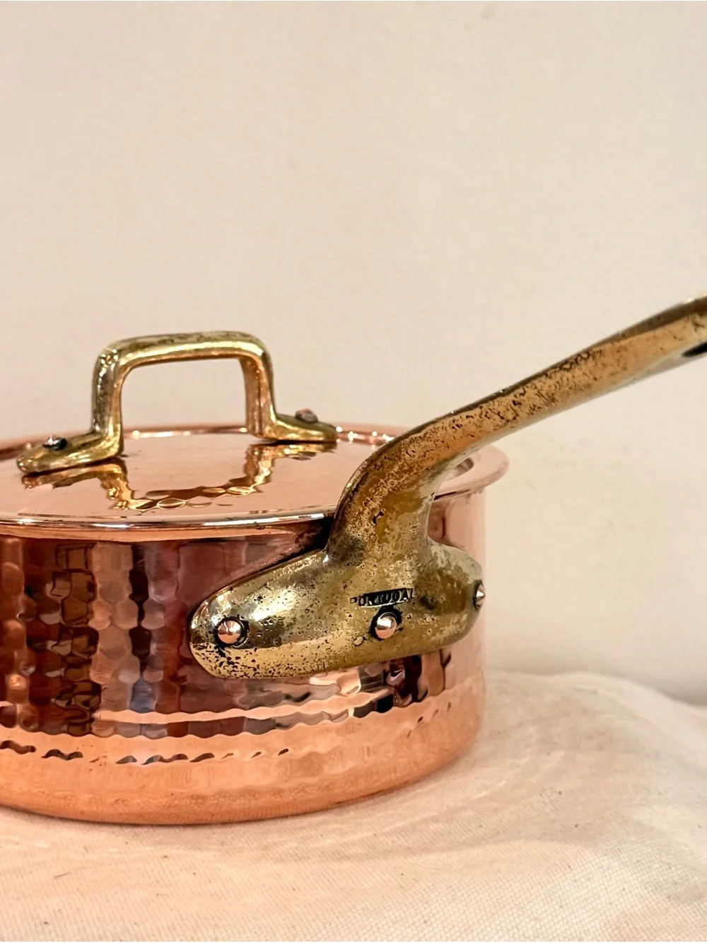 Vintage Copper Hammered Saucepan with lid and Brass Handle stainless steel lined
